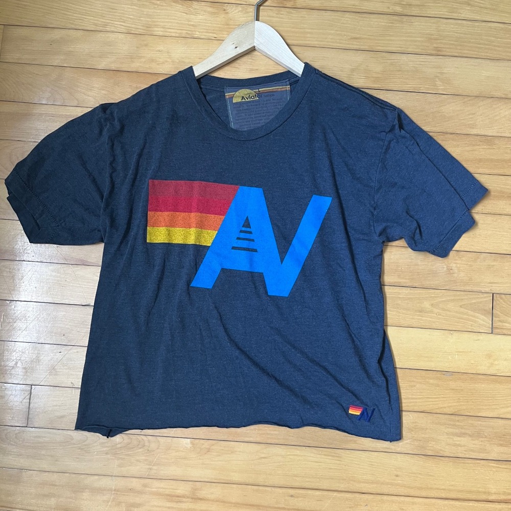 Aviator Nation Navy Heather Rainbow Logo Graphic Raw Hem Tee Shirt XL
